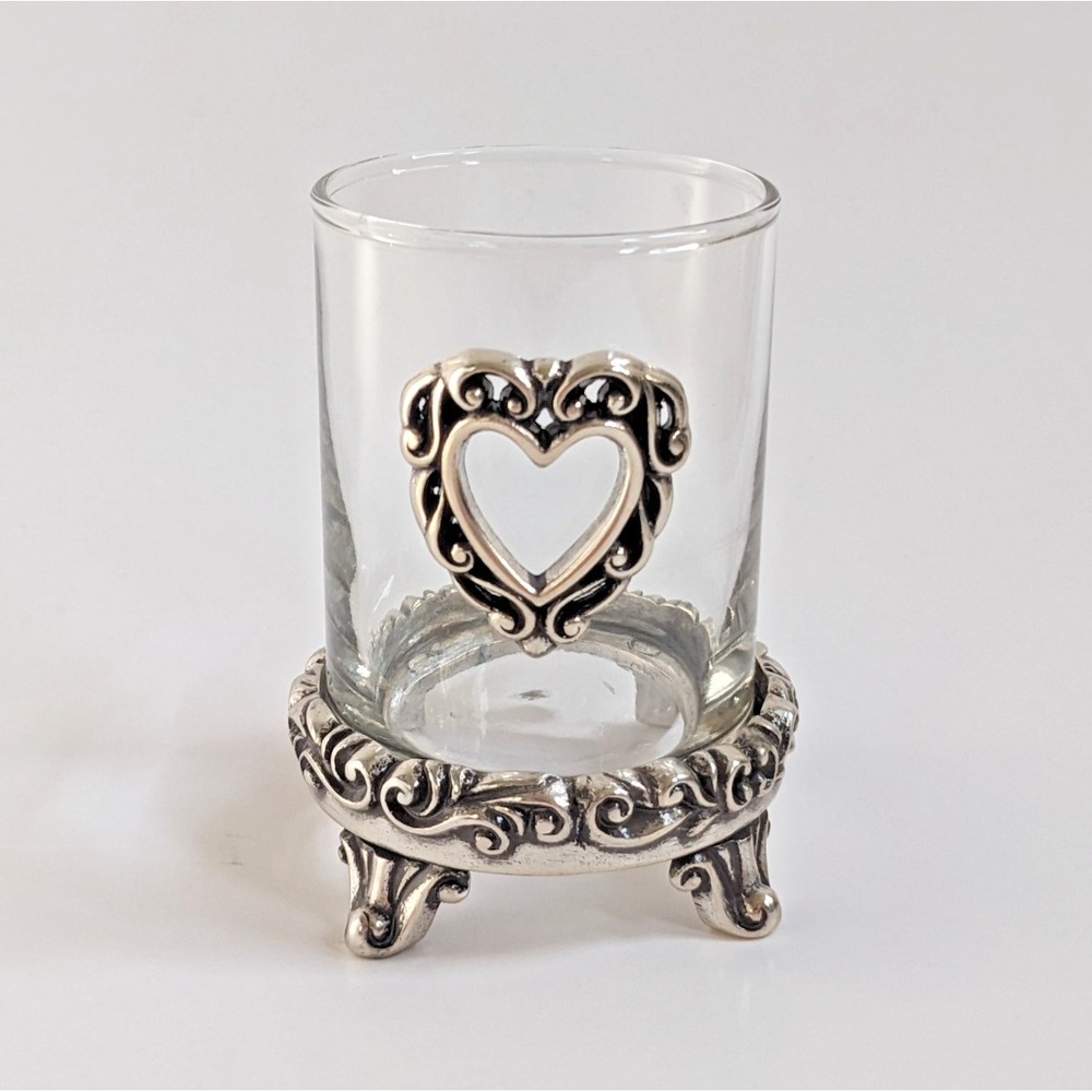 Vintage Brighton Silver Tone Filigree Heart Votive Tealight Candle Holder Glass
